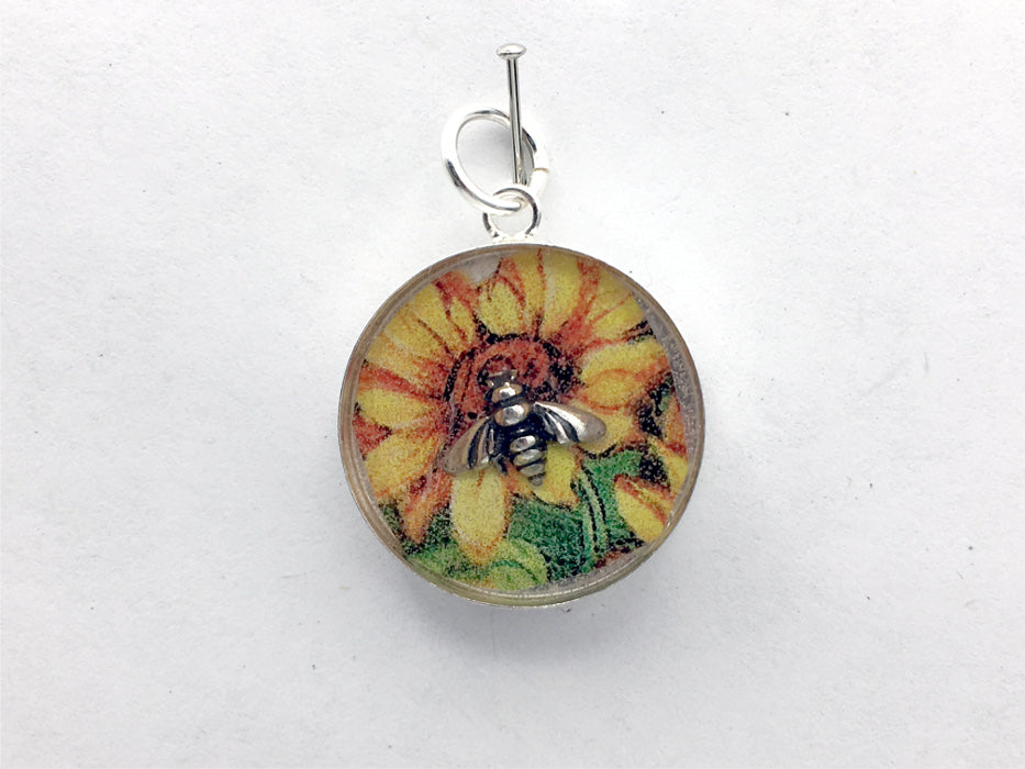 Sterling silver 20mm Round Pendant with Bee on Vintage Sunflower print