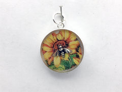 Sterling silver 20mm Round Pendant with Bee on Vintage Sunflower print
