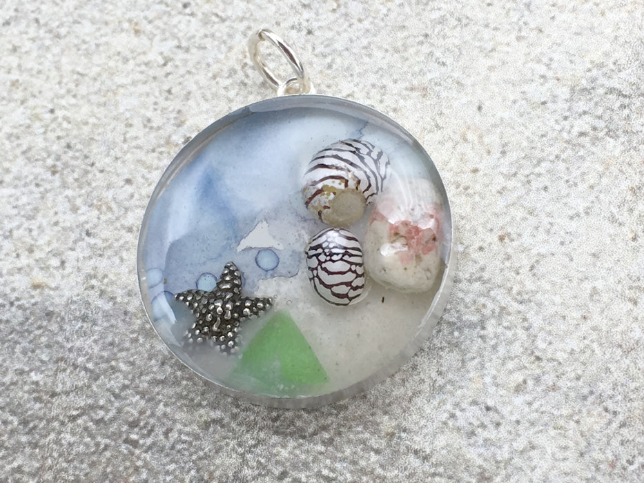 Sterling silver 25mm Round Pendant with striped Shells, Sand, Sea glass, Rocks, Starfish, Cayman Islands, tide pool,  beach comber