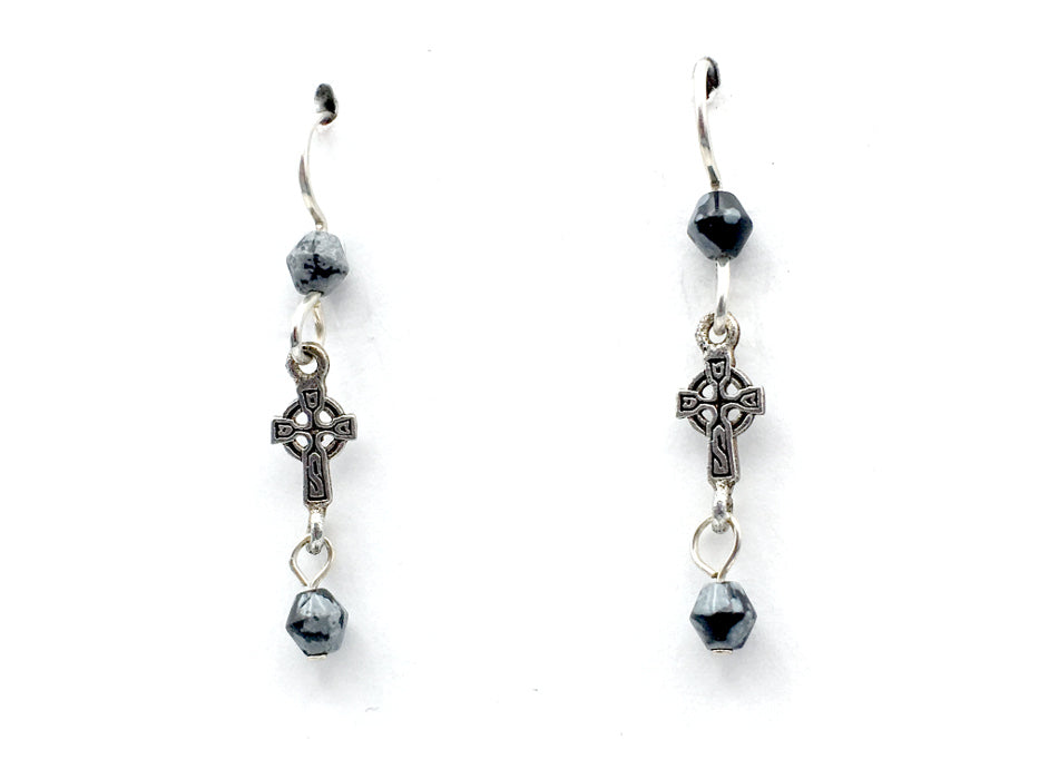 Sterling silver small long Celtic cross dangle earrings-snowflake obsidian