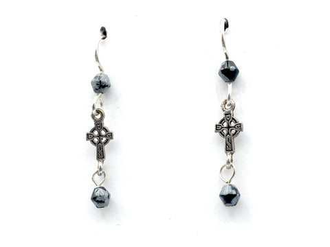 Sterling silver small long Celtic cross dangle earrings-snowflake obsidian