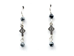 Sterling silver small long Celtic cross dangle earrings-snowflake obsidian