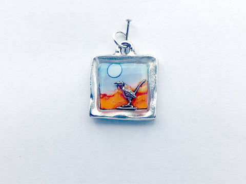 Pewter frame w/ desert scene & sterling silver road runner pendant, alcohol ink