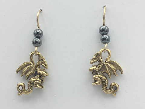 Goldtone Pewter & 14k GF 3-D flying dragon dangle earrings-dragons- Hematite,
