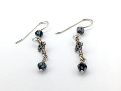 Sterling silver small long Celtic cross dangle earrings-snowflake obsidian