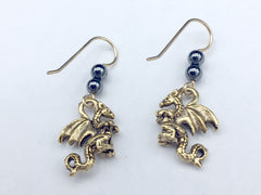 Goldtone Pewter & 14k GF 3-D flying dragon dangle earrings-dragons- Hematite,