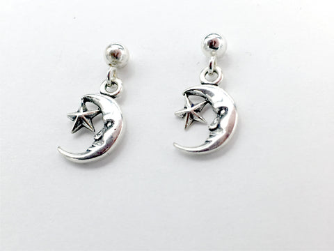 Sterling silver 3mm ball stud with crescent man in the moon dangle earrings-star