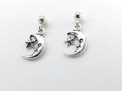 Sterling silver 3mm ball stud with crescent man in the moon dangle earrings-star