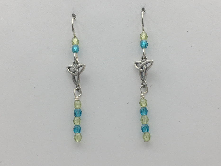 ﻿Sterling silver small Celtic Trinity knot dangle earrings- blue, green, knots