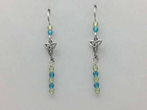 ﻿Sterling silver small Celtic Trinity knot dangle earrings- blue, green, knots