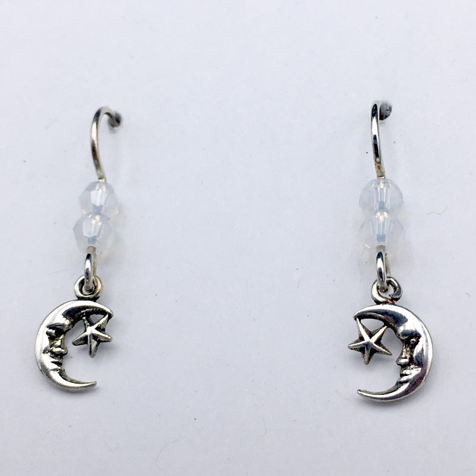 Sterling Silver small crescent moon face star dangle earrings moons crystal