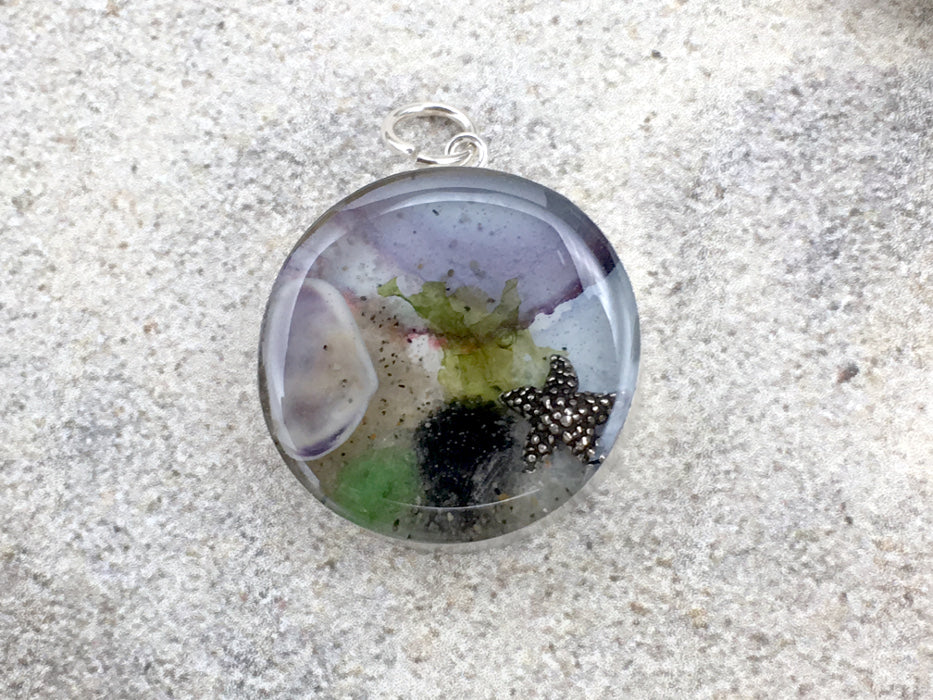 Sterling silver 25mm Round Pendant with Shell, Shells, sea Plant Sand, Sea glass, Star fish, LBI, Harvey Cedars, New Jersey shore, tide pool, starfish, alcohol ink art,  beach comber
