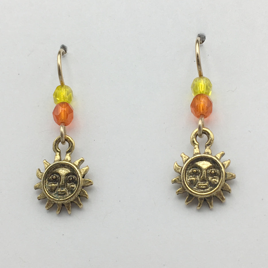 Gold Tone Pewter & 14k GF small Sun with face dangle earrings-sweet, celestial