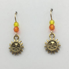 Gold Tone Pewter & 14k GF small Sun with face dangle earrings-sweet, celestial