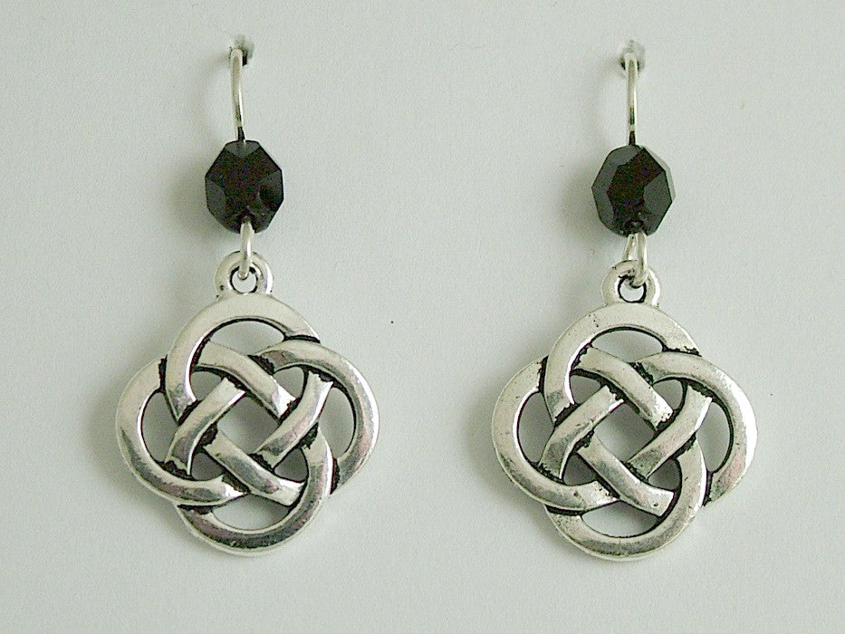 Pewter & Sterling Silver large Round Celtic Knot dangle Earrings- black glass