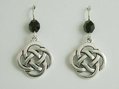 Pewter & Sterling Silver large Round Celtic Knot dangle Earrings- black glass