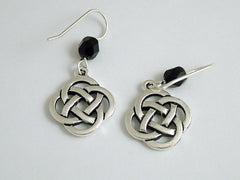 Pewter & Sterling Silver large Round Celtic Knot dangle Earrings- black glass