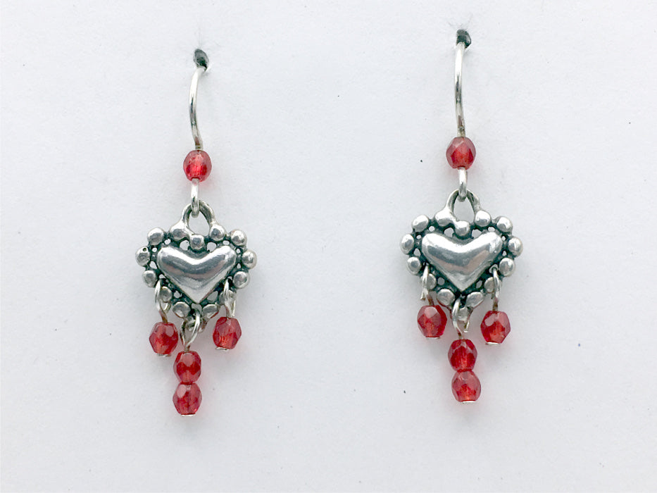 Sterling Silver Beaded Heart  Earrings-red glass dangles, hearts, Valentine
