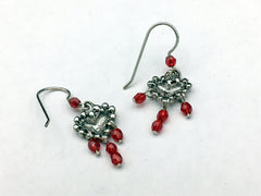 Sterling Silver Beaded Heart  Earrings-red glass dangles, hearts, Valentine