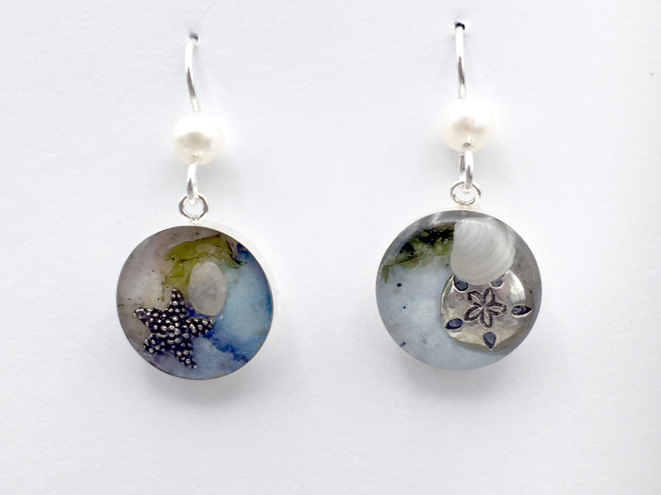 Sterling silver starfish, sanddollar, sand, sea plant and seashell earrings-ocean- sea shell,beach,shore, beach comber, tidepool,  tide pool, alcohol ink, LBI, New Jersey, shore