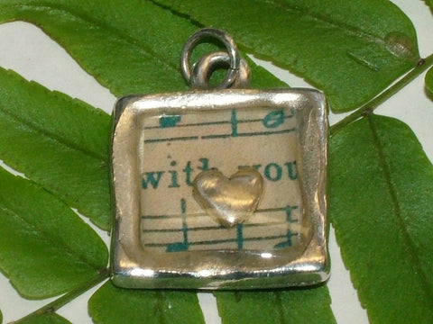 Pewter with vintage sheet music print and sterling silver heart pendant-resin,