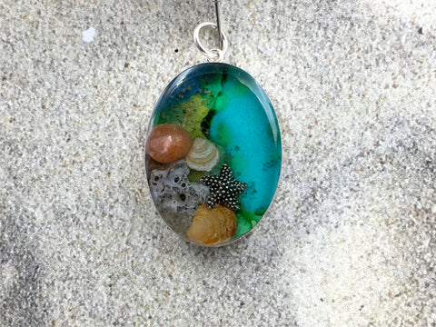 Sterling silver 30mmx 22mm Oval Pendant with Shell, Shells, starfish, Sea glass,  Beach Haven, Taylor Ave, LBI New Jersey shore, tide pool,  alcohol ink art,  beach comber