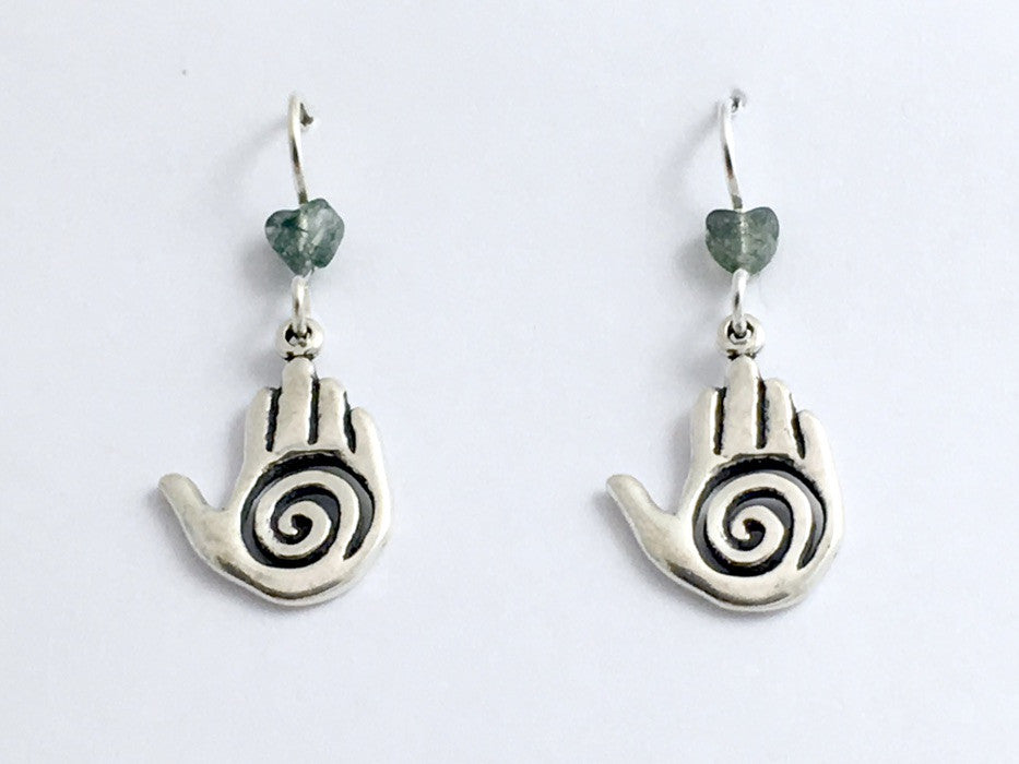 Sterling silver Hand with Spiral dangle Earrings- Healer's, Reiki, Moss Agate