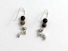 Sterling silver tiny Dachshund dog dangle Earrings-doxie,weiner, tiger eye,