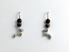 Sterling silver tiny Dachshund dog dangle Earrings-doxie,weiner, tiger eye,