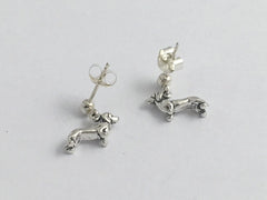 Sterling silver 3mm ball stud w/ tiny Dachshund dog dangle Earrings-doxie,weiner