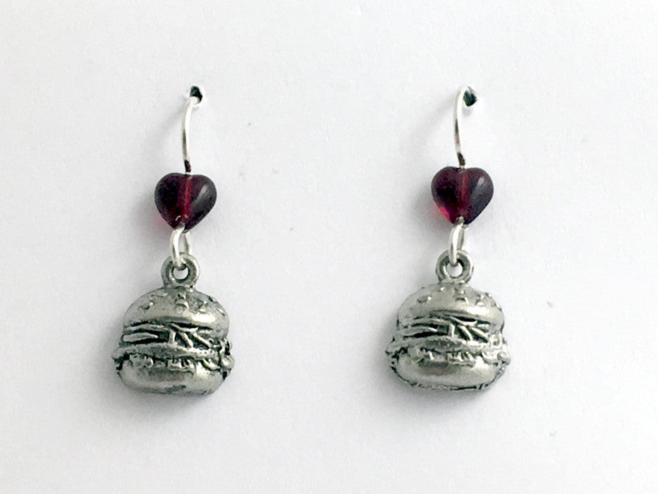 Pewter & Sterling Silver Hamburger on bun dangle earrings-burger, food, bbq-cook