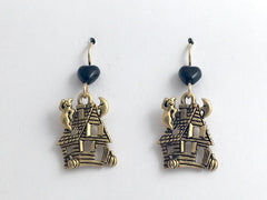 Goldtone Pewter & 14k gf  Haunted House dangle Earrings-Halloween, ghosts,