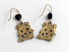 Goldtone Pewter & 14k gf  Haunted House dangle Earrings-Halloween, ghosts,