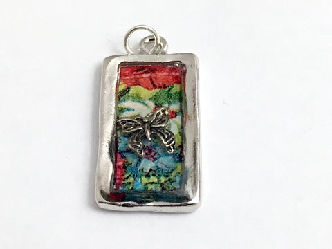 Pewter frame, vintage flower print, sterling silver butterfly pendant-resin,