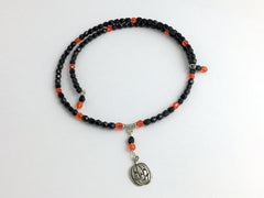 Black & Orange Glass Sterling Silver Jack O' Lantern Centerpiece Memory Wire Choker- Pumpkin, Halloween
