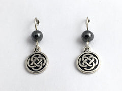 Pewter & Sterling Silver medium Round Celtic Knot dangle Earrings- Hematite
