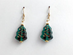 14k GF & Czech glass Christmas tree dangle earrings- Holiday, trees, green, Xmas