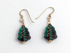14k GF & Czech glass Christmas tree dangle earrings- Holiday, trees, green, Xmas
