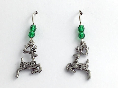 Pewter & Sterling Silver Reindeer with spiral dangle Earrings-Christmas- holiday