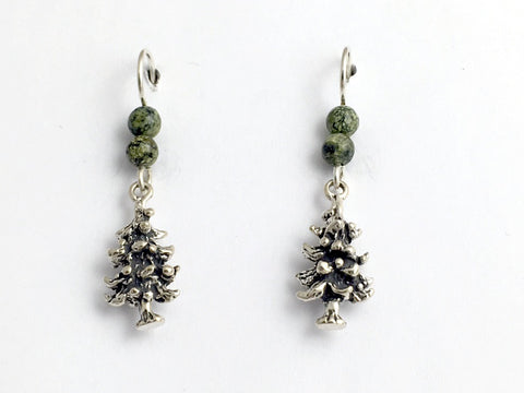 Sterling silver pine tree dangle earrings-trees,Christmas, evergreen, Russian Serpentine