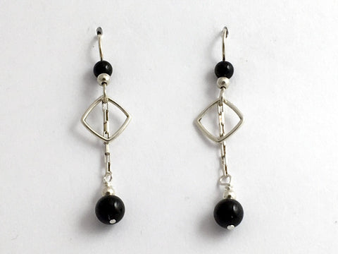 Sterling silver square and Black Onyx dangle with chain earrings- 2 inches,