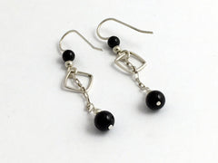 Sterling silver square and Black Onyx dangle with chain earrings- 2 inches,