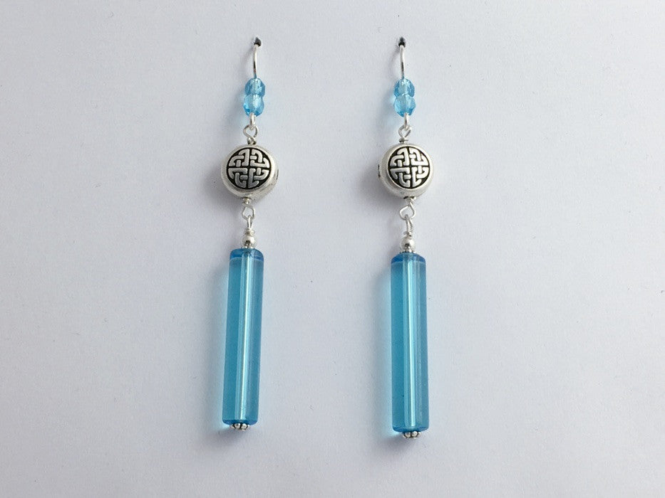 Pewter & Sterling Silver Celtic Knot dangle Earrings-long aqua  blue glass,knots