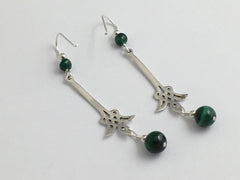 Sterling Silver Long drop angular Celtic Knot Earrings-Malachite, gorgeous,green