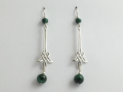 Sterling Silver Long drop angular Celtic Knot Earrings-Malachite, gorgeous,green