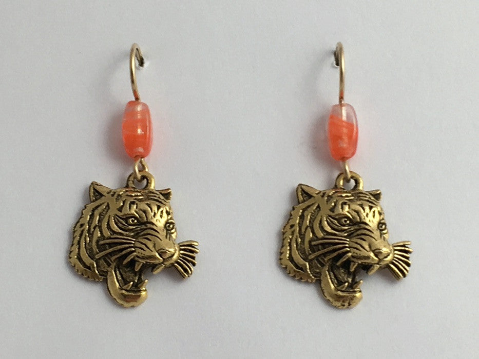 Gold tone Pewter & 14k GF Growling Tiger face dangle earrings-Tigers,  big cat