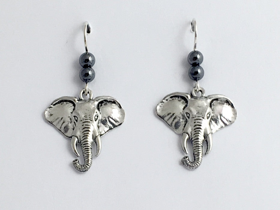 Pewter & sterling silver large elephant head dangle earrings-elephants, trunk
