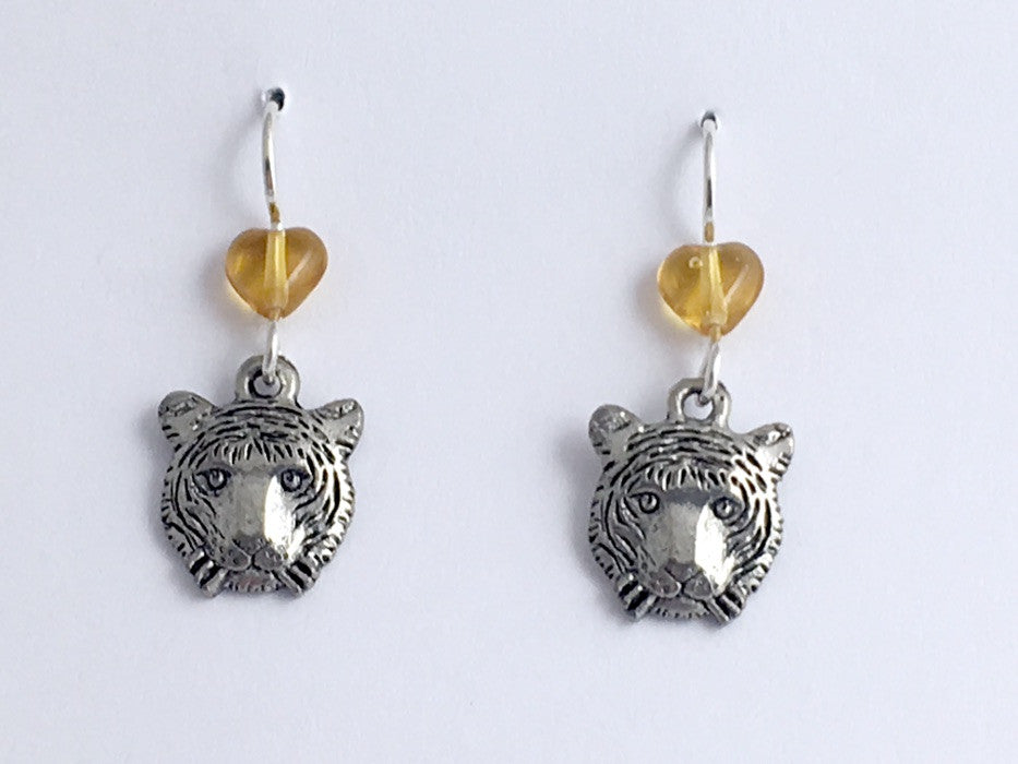 Pewter &  Sterling silver Tiger face dangle earrings-Tigers, head, big cat,