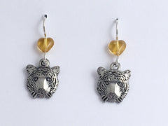 Pewter &  Sterling silver Tiger face dangle earrings-Tigers, head, big cat,
