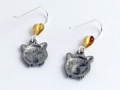 Pewter &  Sterling silver Tiger face dangle earrings-Tigers, head, big cat,